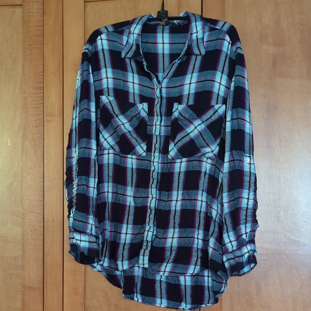 Express Plaid Button-Up Shirt - Blue and White Large